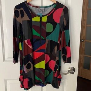 Lynn Ritchie Silver Multicolor Geometric Tunic Top 3/4 sleeve Sz XS